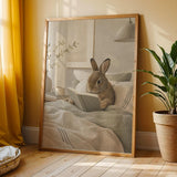 Mini Rex Rabbit Reading in Bed Poster | Scandinavian Gouache Bunny Wall Art | Warm Beige Oat Milk Decor | Cozy Nordic Bedroom Print