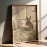 Mini Rex Rabbit Reading in Bed Poster | Scandinavian Gouache Bunny Wall Art | Warm Beige Oat Milk Decor | Cozy Nordic Bedroom Print