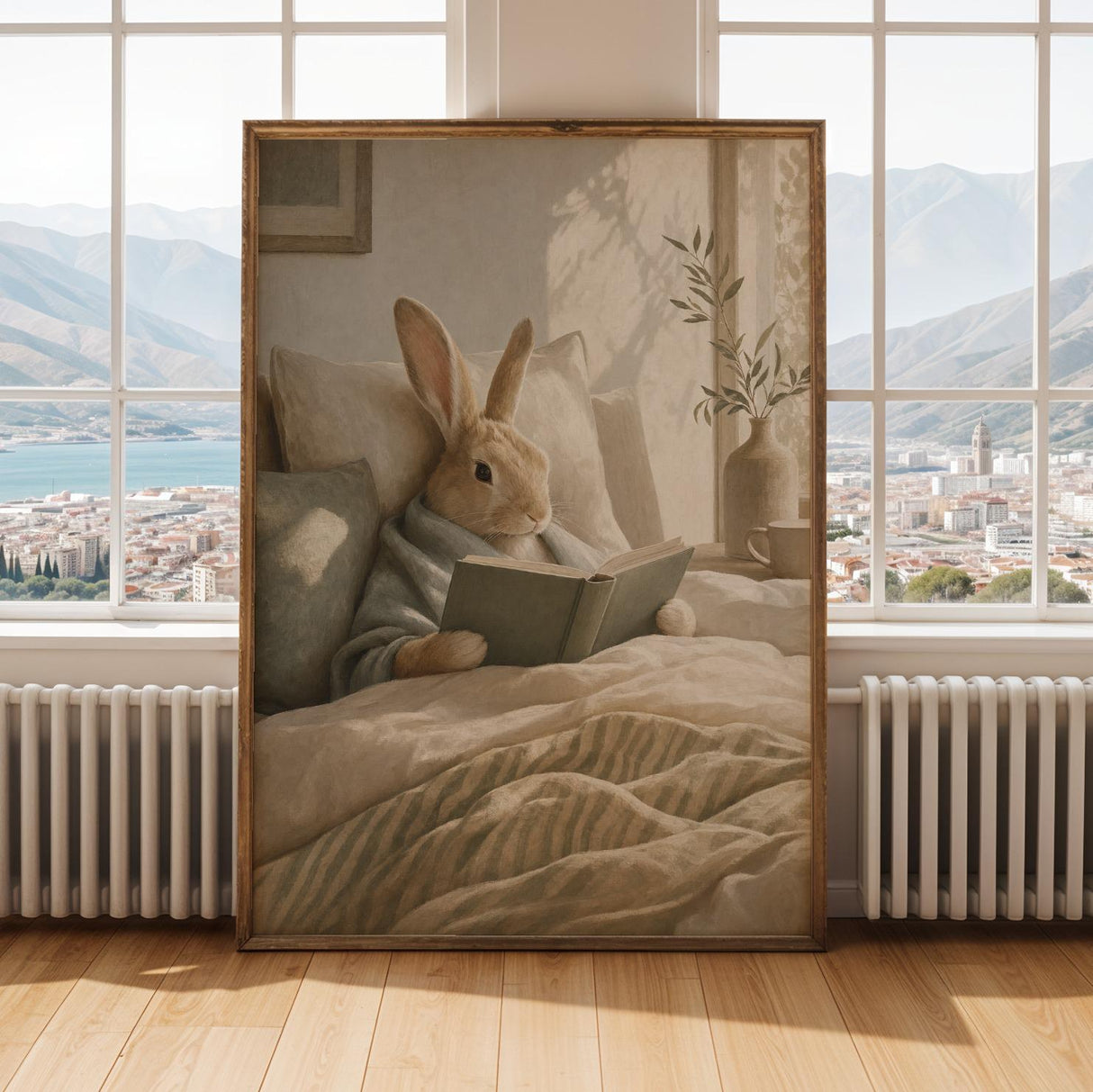 Satin Rabbit Reading in Bed Poster | Scandinavian Gouache Bunny Wall Art | Warm Neutral Nordic Decor | Cozy Minimalist Bedroom Nook Print