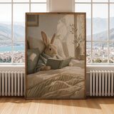 Satin Rabbit Reading in Bed Poster | Scandinavian Gouache Bunny Wall Art | Warm Neutral Nordic Decor | Cozy Minimalist Bedroom Nook Print