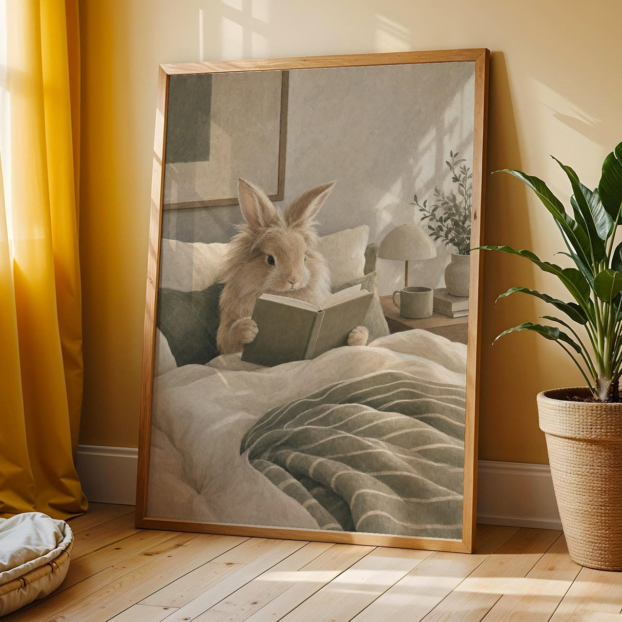 Lionhead Rabbit Reading in Bed Poster | Modern Gouache Bunny Wall Art | Warm Neutral Bedroom Decor Print | Cozy Minimalist Nook Art