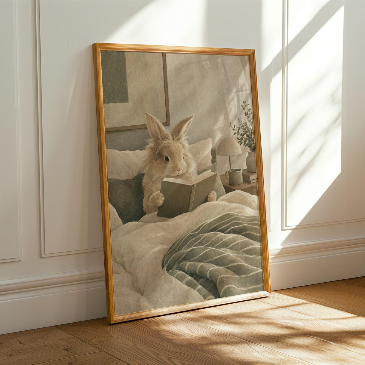 Lionhead Rabbit Reading in Bed Poster | Modern Gouache Bunny Wall Art | Warm Neutral Bedroom Decor Print | Cozy Minimalist Nook Art