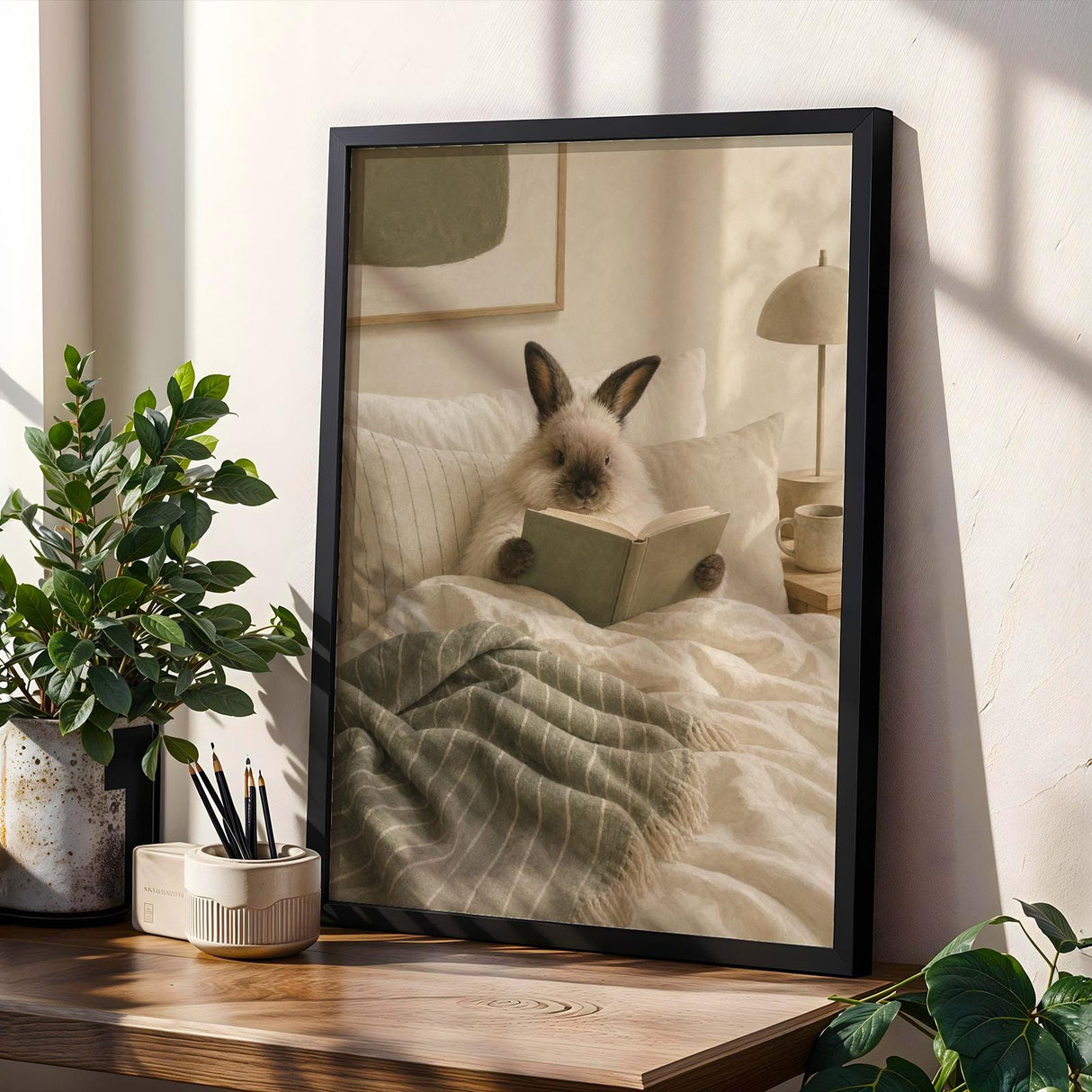 Himalayan Rabbit Reading in Bed Poster | Scandinavian Gouache Bunny Wall Art | Warm Beige Soft Ivory Decor | Cozy Minimalist Bedroom Print