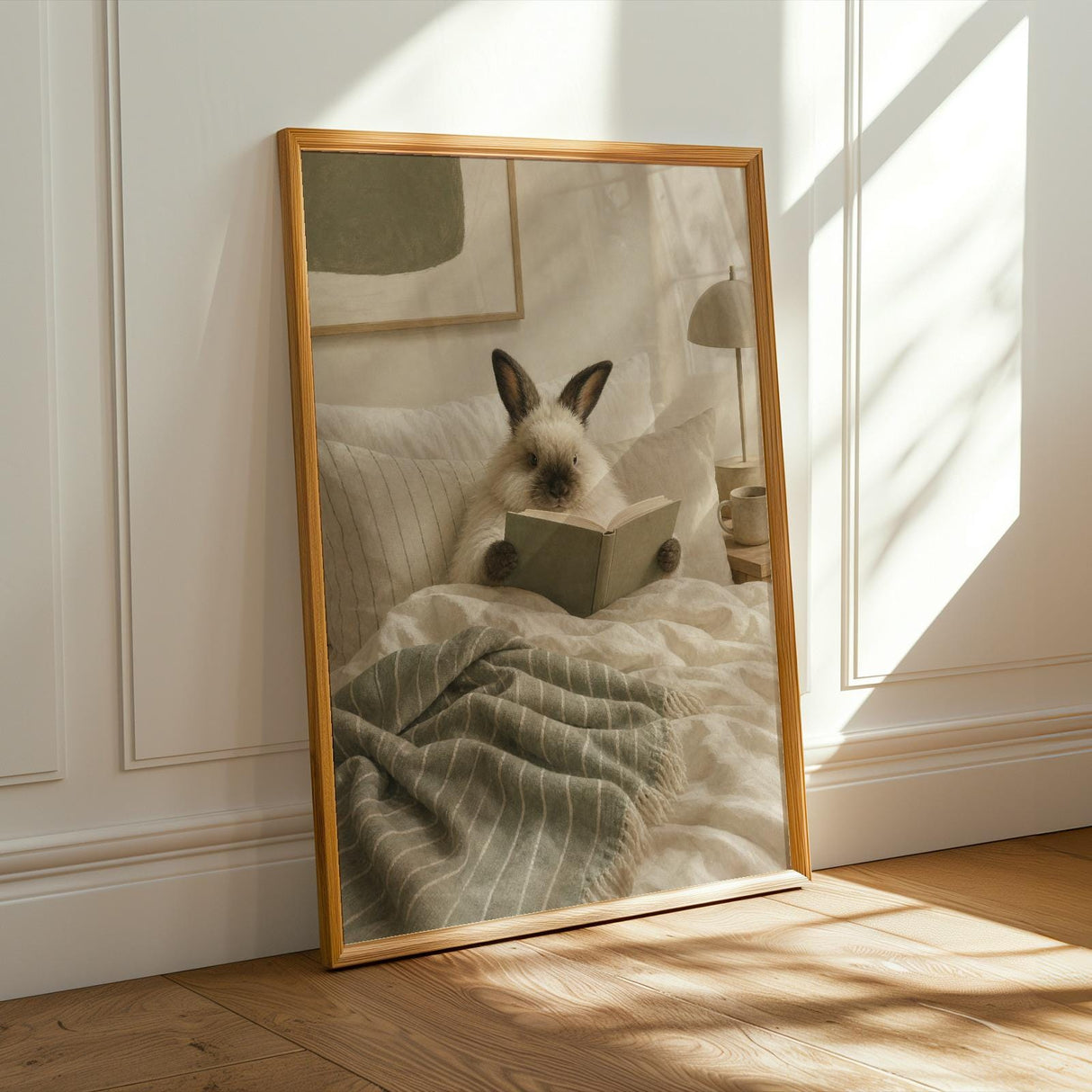 Himalayan Rabbit Reading in Bed Poster | Scandinavian Gouache Bunny Wall Art | Warm Beige Soft Ivory Decor | Cozy Minimalist Bedroom Print