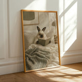 Himalayan Rabbit Reading in Bed Poster | Scandinavian Gouache Bunny Wall Art | Warm Beige Soft Ivory Decor | Cozy Minimalist Bedroom Print
