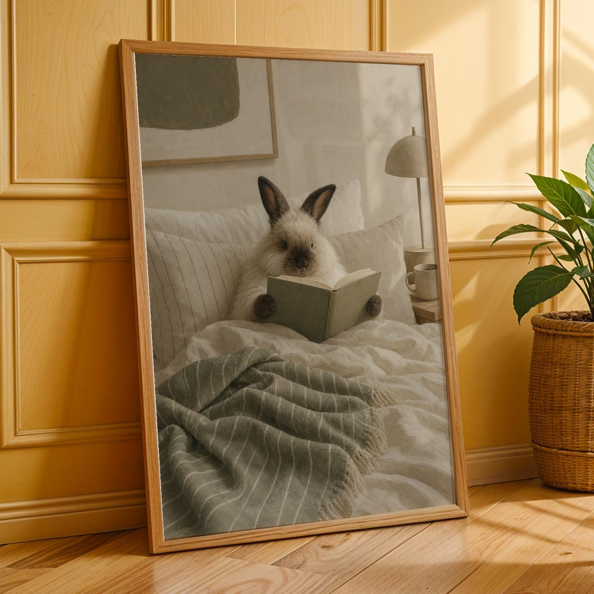 Himalayan Rabbit Reading in Bed Poster | Scandinavian Gouache Bunny Wall Art | Warm Beige Soft Ivory Decor | Cozy Minimalist Bedroom Print