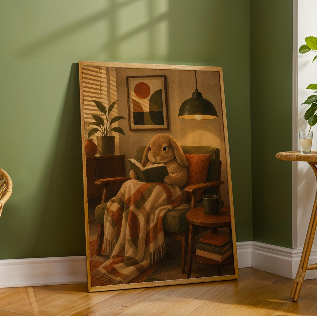 Mini Lop Rabbit Reading in Armchair Poster | Retro Modern Bunny Wall Art | Orange Olive Green Decor | Cozy Mid Century Living Room Print
