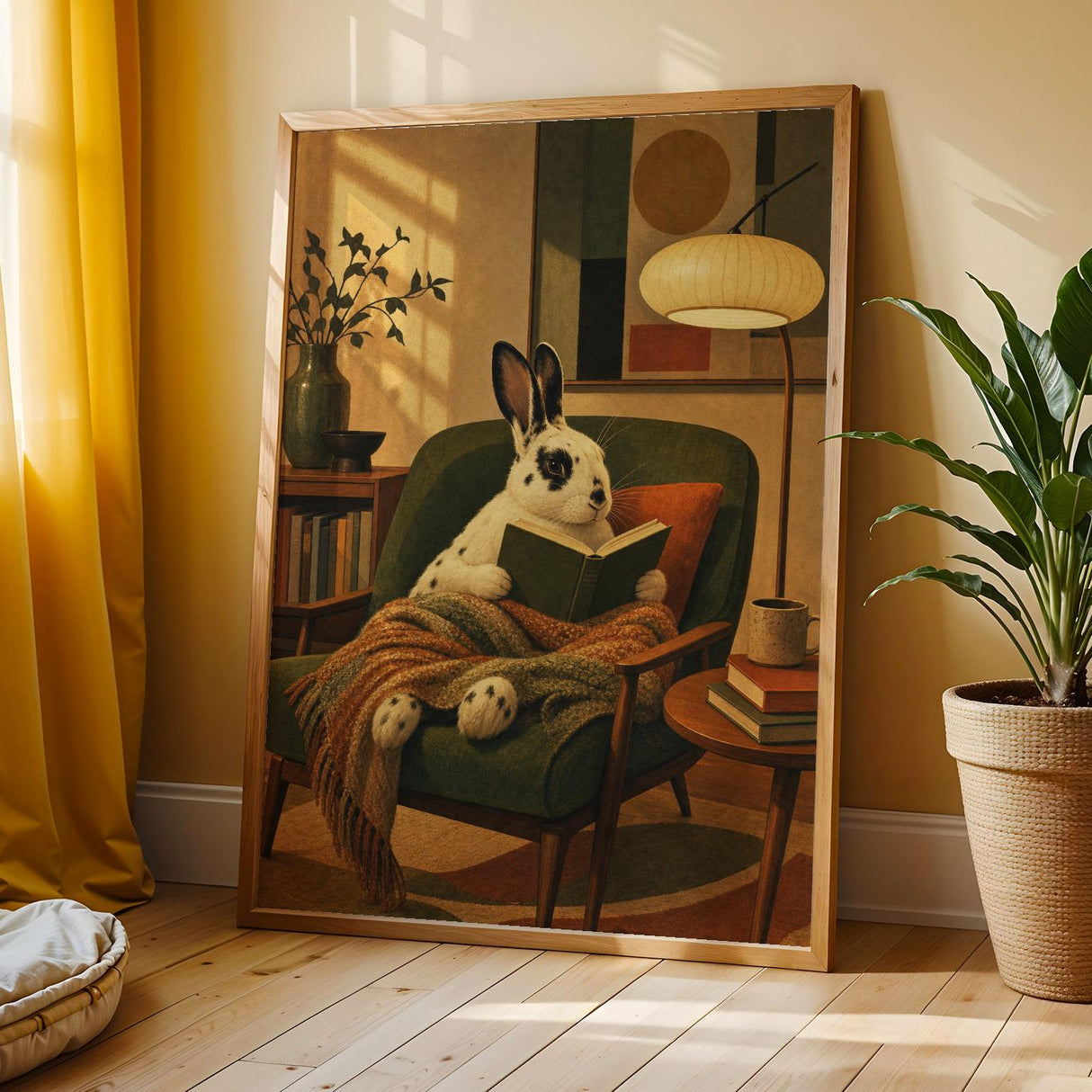 English Spot Rabbit Reading in Armchair Poster | Modern Bunny Wall Art | Green Warm Cream Decor | Cozy Reading Nook Living Room Print