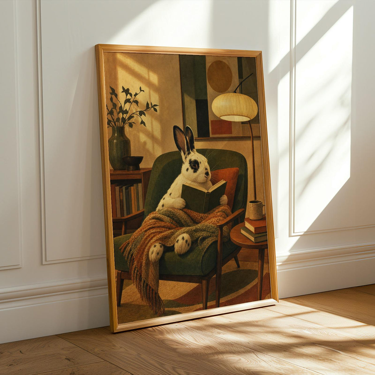 English Spot Rabbit Reading in Armchair Poster | Modern Bunny Wall Art | Green Warm Cream Decor | Cozy Reading Nook Living Room Print