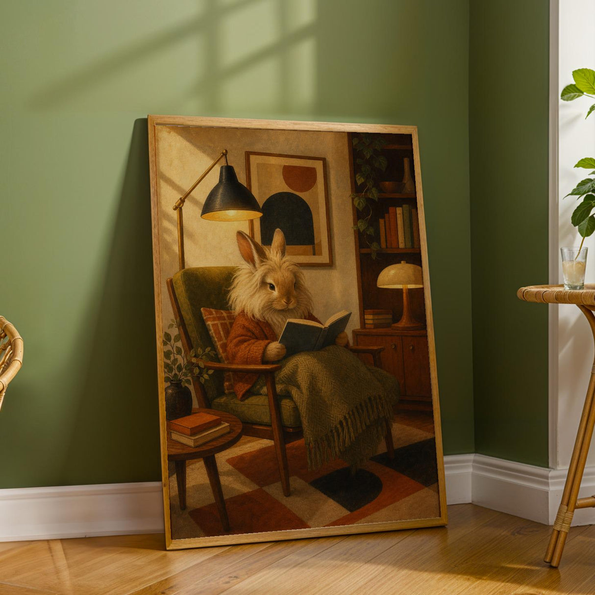 Lionhead Rabbit Reading in Armchair Poster | Retro Painterly Bunny Wall Art | Burnt Orange Warm Cream Decor | Cozy Mid Century Bedroom Print