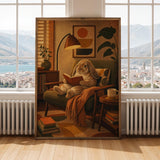 French Lop Rabbit Reading in Armchair Poster | Retro Painterly Bunny Wall Art | Muted Burnt Orange Decor | Cozy Mid Century Bedroom Print