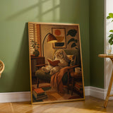 French Lop Rabbit Reading in Armchair Poster | Retro Painterly Bunny Wall Art | Muted Burnt Orange Decor | Cozy Mid Century Bedroom Print