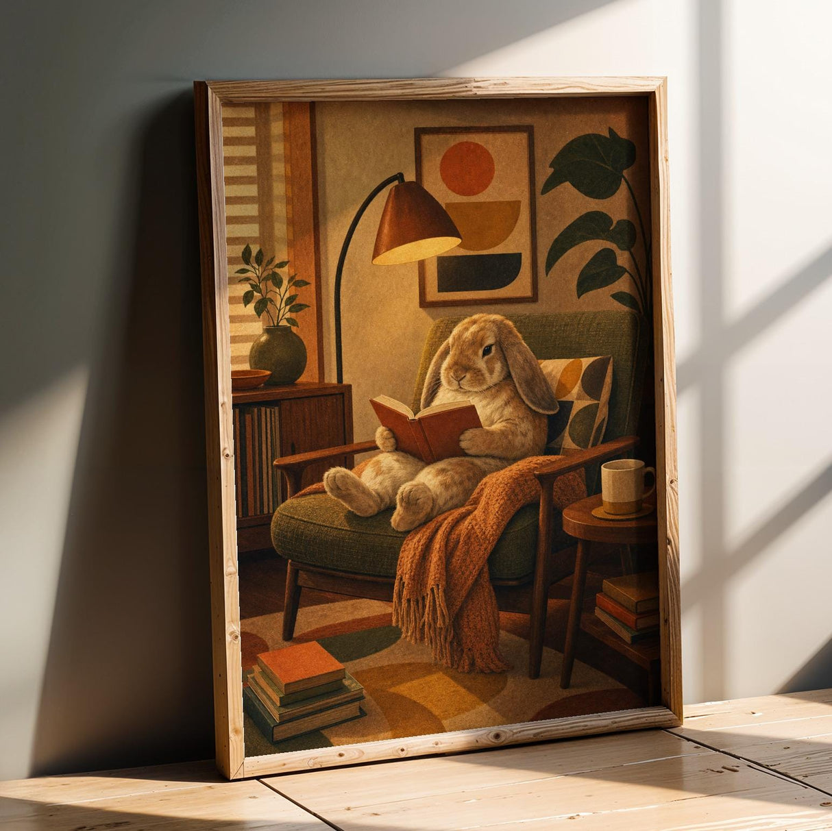 French Lop Rabbit Reading in Armchair Poster | Retro Painterly Bunny Wall Art | Muted Burnt Orange Decor | Cozy Mid Century Bedroom Print