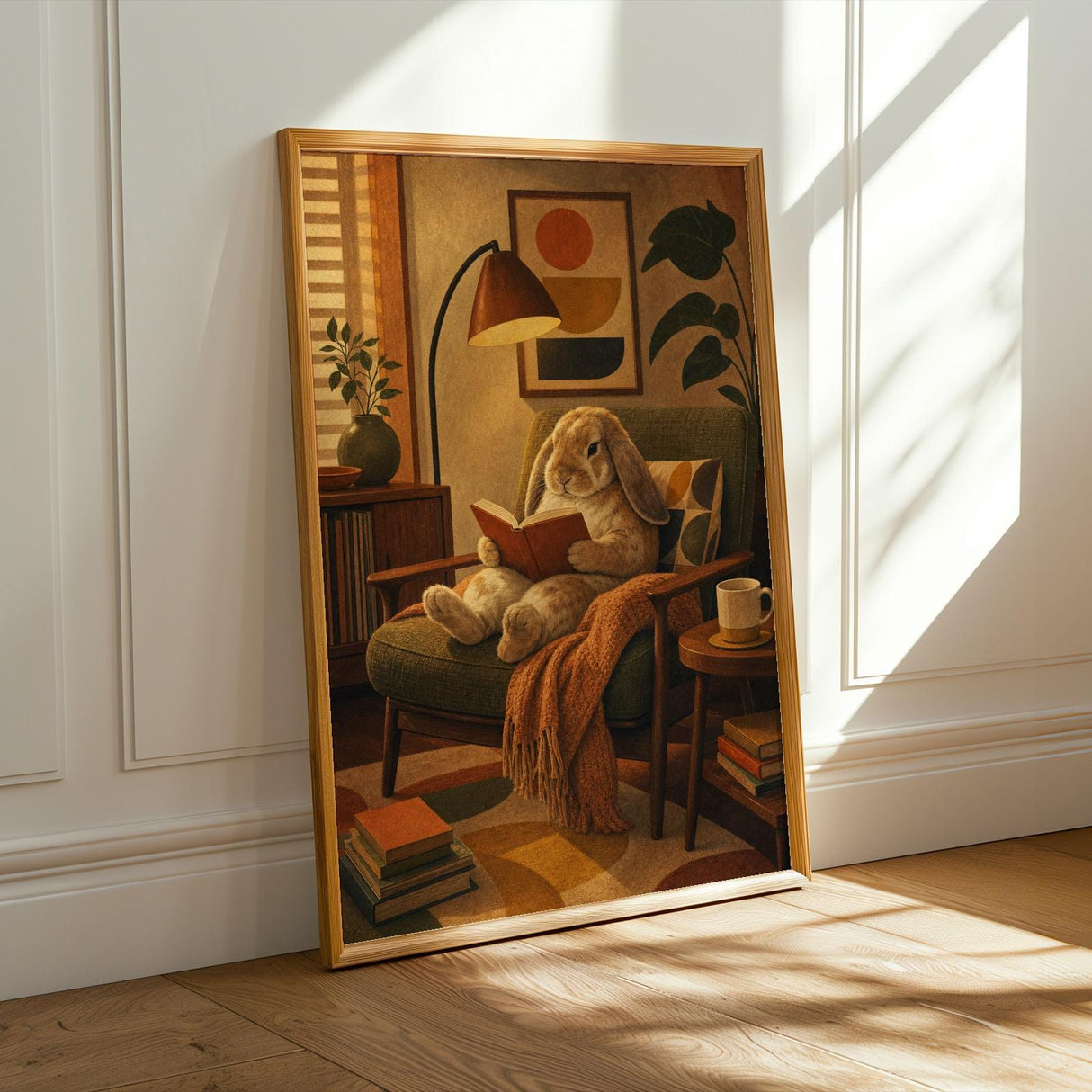 French Lop Rabbit Reading in Armchair Poster | Retro Painterly Bunny Wall Art | Muted Burnt Orange Decor | Cozy Mid Century Bedroom Print