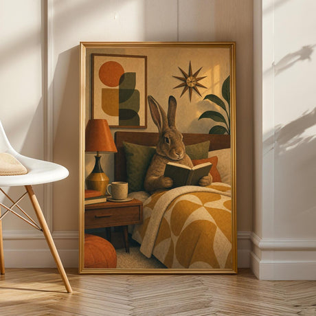 Flemish Giant Rabbit Reading in Bed Poster | Modern Cream Olive Bunny Wall Art | Cozy Bedroom Decor Print | Minimalist Scandinavian Home Art