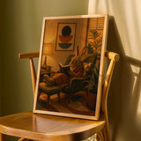 Havana Rabbit Reading in Armchair Poster | Retro Modern Bunny Wall Art | Mustard Yellow Burnt Orange Decor | Cozy Mid Century Bedroom Print