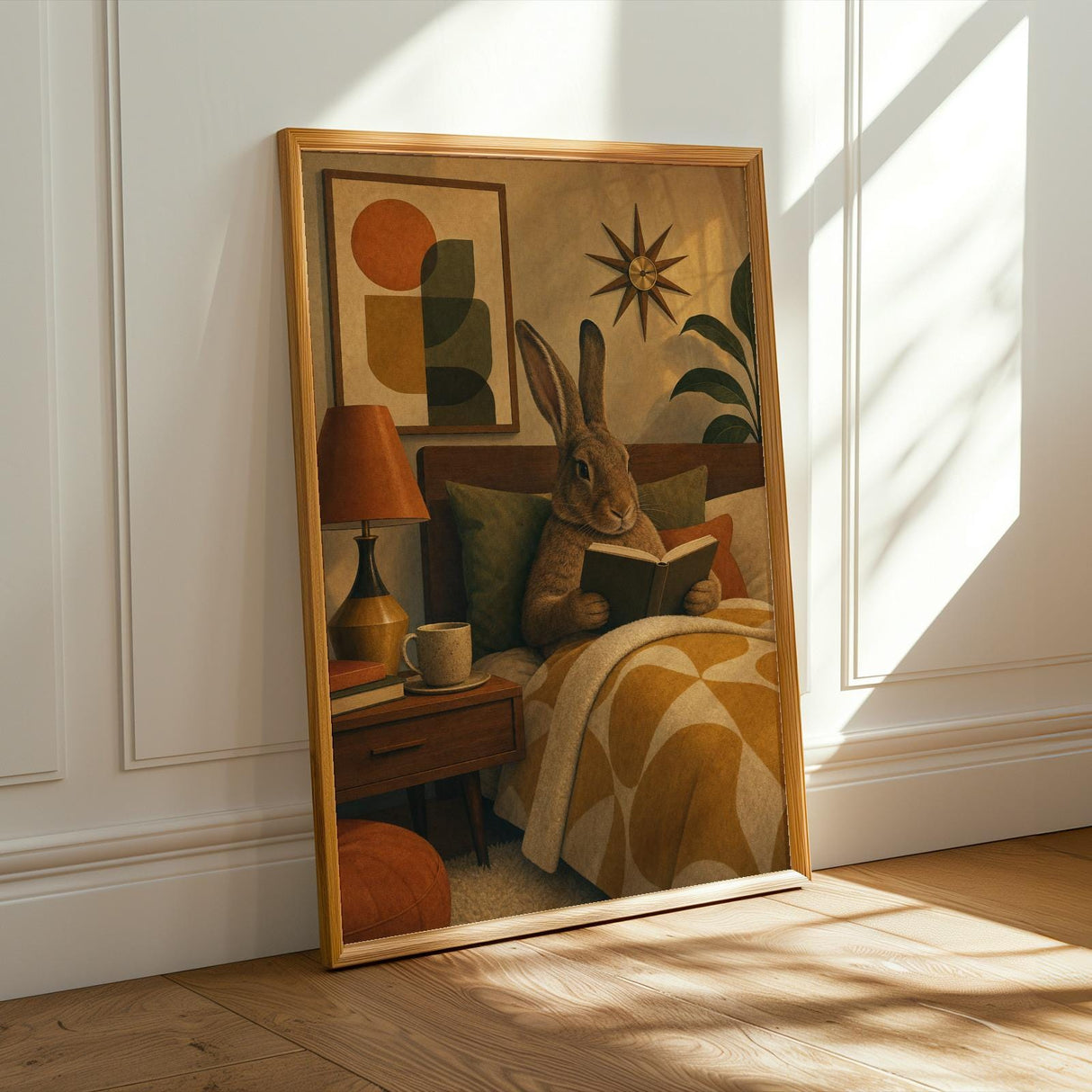 Flemish Giant Rabbit Reading in Bed Poster | Modern Cream Olive Bunny Wall Art | Cozy Bedroom Decor Print | Minimalist Scandinavian Home Art