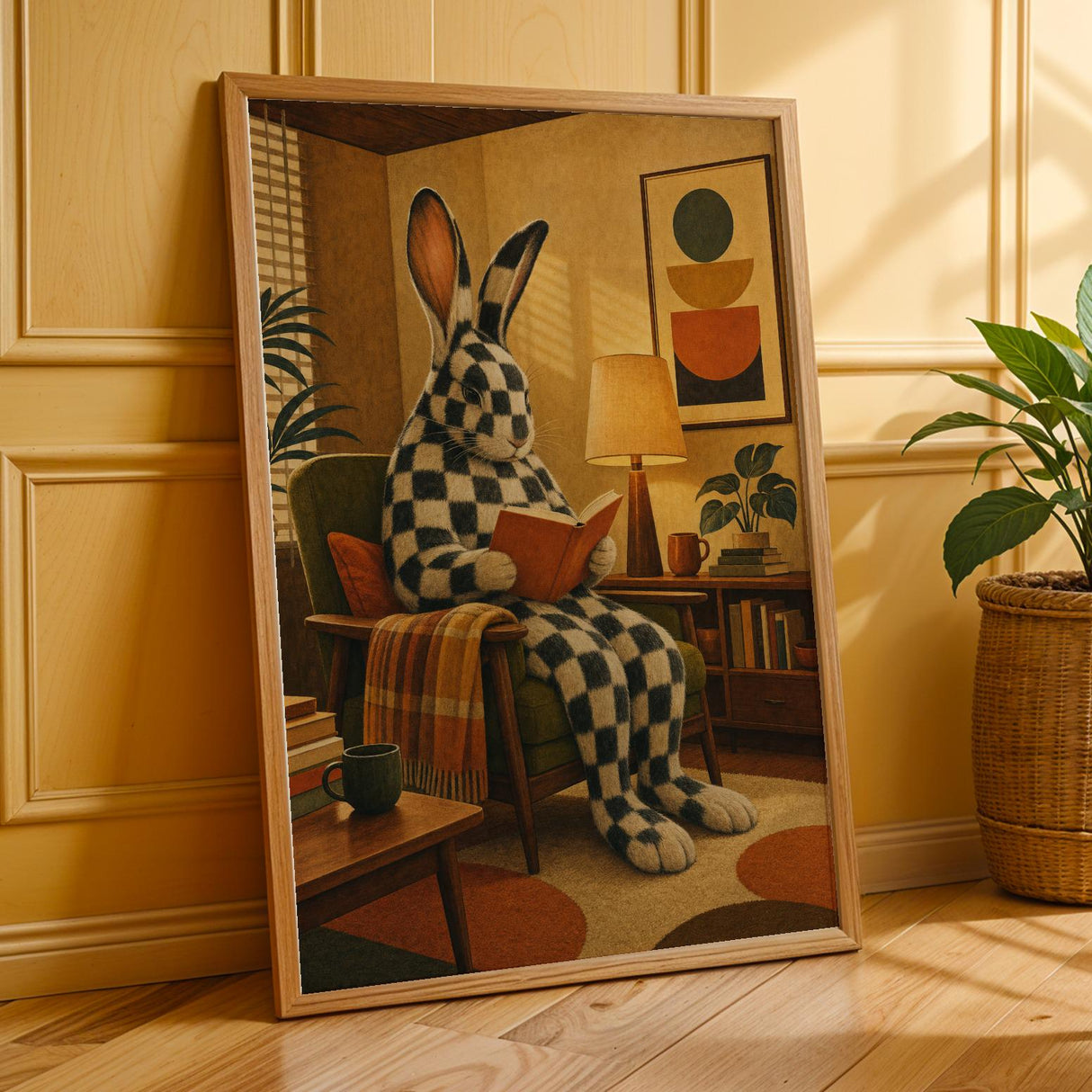 Checkered Giant Rabbit Reading in Armchair Poster | Mid Century Modern Bunny Wall Art | Yellow Brown Decor | Cozy Retro Living Room Print