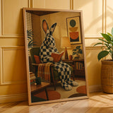 Checkered Giant Rabbit Reading in Armchair Poster | Mid Century Modern Bunny Wall Art | Yellow Brown Decor | Cozy Retro Living Room Print