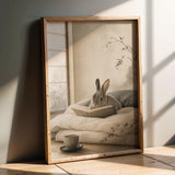 Mini Rex Rabbit Reading in Bed Poster | Japanese Zen Sumi-e Bunny Wall Art | Warm Ivory Fog Gray Decor | Minimalist Bedroom Print