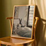 Harlequin Rabbit Reading in Bed Poster | Japanese Zen Sumi-e Bunny Wall Art | Warm Ivory Fog Gray Decor | Minimalist Bedroom Print