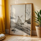 Angora Rabbit Reading in Bed Poster | Japanese Zen Ink Wash Bunny Wall Art | Warm Ivory Fog Gray Decor | Minimalist Bedroom Print
