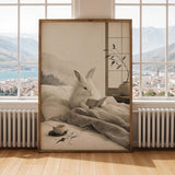 Angora Rabbit Reading in Bed Poster | Japanese Zen Ink Wash Bunny Wall Art | Warm Ivory Fog Gray Decor | Minimalist Bedroom Print