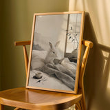 Angora Rabbit Reading in Bed Poster | Japanese Zen Ink Wash Bunny Wall Art | Warm Ivory Fog Gray Decor | Minimalist Bedroom Print