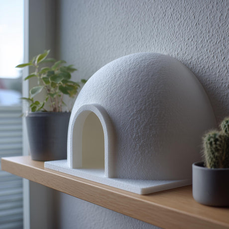 3D printed white igloo dome decor with arched entrance displayed on a wooden shelf beside small plants in a modern interior.