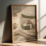 Russian Dwarf Hamster Reading in Bed Poster | Modern Gouache Hamster Wall Art | Warm Beige Oat Milk Decor | Cozy Minimalist Bedroom Print