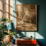 Chinese Hamster Reading in Bed Poster | Nordic Gouache Hamster Wall Art | Warm Beige Oat Milk Decor | Cozy Nursery Bedroom Print