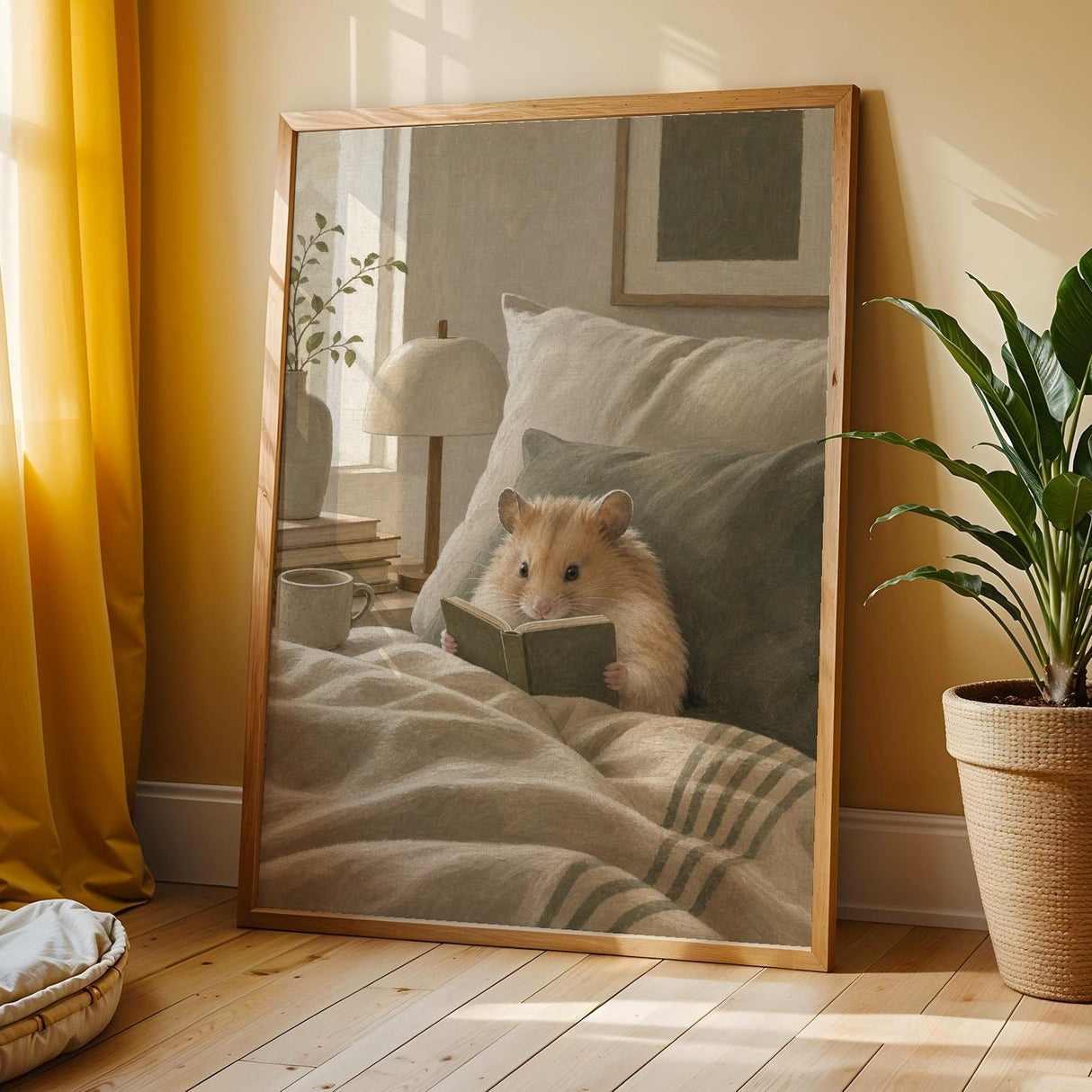 Chinese Hamster Reading in Bed Poster | Nordic Gouache Hamster Wall Art | Warm Beige Oat Milk Decor | Cozy Nursery Bedroom Print