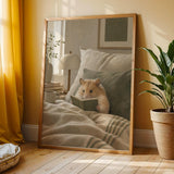 Chinese Hamster Reading in Bed Poster | Nordic Gouache Hamster Wall Art | Warm Beige Oat Milk Decor | Cozy Nursery Bedroom Print