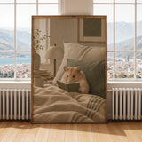 Chinese Hamster Reading in Bed Poster | Nordic Gouache Hamster Wall Art | Warm Beige Oat Milk Decor | Cozy Nursery Bedroom Print