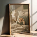 Chinese Hamster Reading in Bed Poster | Nordic Gouache Hamster Wall Art | Warm Beige Oat Milk Decor | Cozy Nursery Bedroom Print