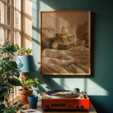Syrian Hamster Reading in Bed Poster | Nordic Gouache Hamster Wall Art | Warm Beige Neutral Decor | Cozy Minimalist Nook Print