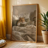 Syrian Hamster Reading in Bed Poster | Nordic Gouache Hamster Wall Art | Warm Beige Neutral Decor | Cozy Minimalist Nook Print