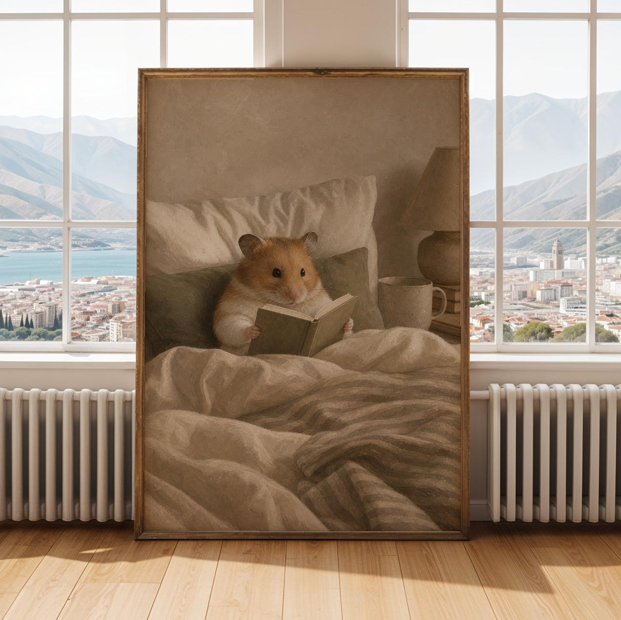 Syrian Hamster Reading in Bed Poster | Nordic Gouache Hamster Wall Art | Warm Beige Neutral Decor | Cozy Minimalist Nook Print