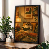Campbell’s Dwarf Hamster Reading in Armchair Poster | Modern Hamster Wall Art | Yellow Orange Decor | Cozy Mid Century Living Room Print