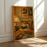 Campbell’s Dwarf Hamster Reading in Armchair Poster | Modern Hamster Wall Art | Yellow Orange Decor | Cozy Mid Century Living Room Print