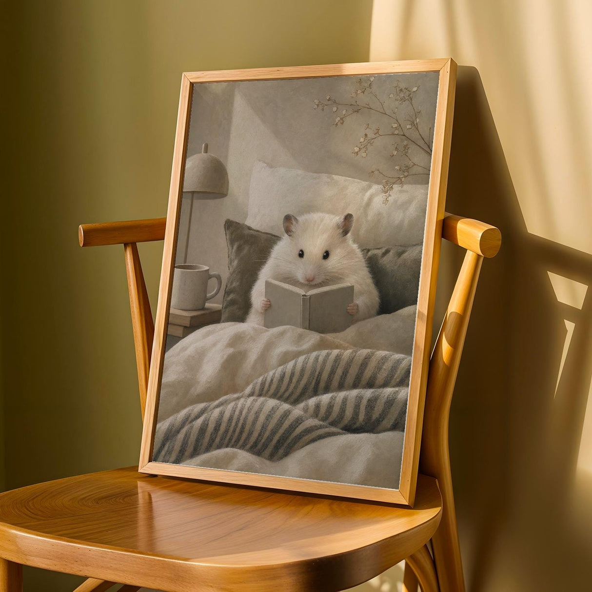 Winter White Hamster Reading in Bed Poster | Modern Gouache Hamster Wall Art | Warm Beige Soft Ivory Decor | Cozy Minimalist Bedroom Print