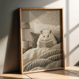 Winter White Hamster Reading in Bed Poster | Modern Gouache Hamster Wall Art | Warm Beige Soft Ivory Decor | Cozy Minimalist Bedroom Print