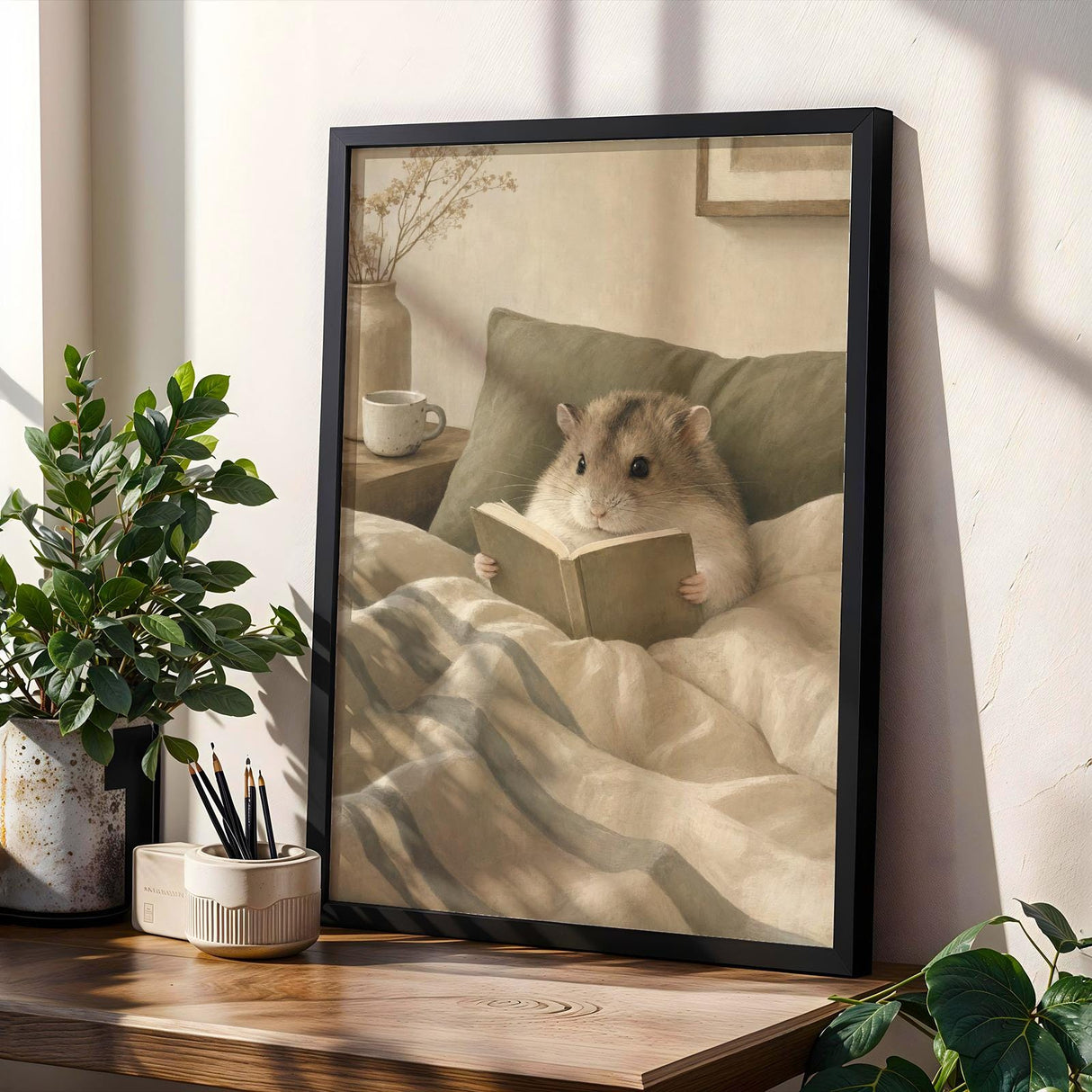 Campbell’s Dwarf Hamster Reading in Bed Poster | Nordic Gouache Hamster Wall Art | Warm Beige Oat Milk Decor | Cozy Minimalist Bedroom Print