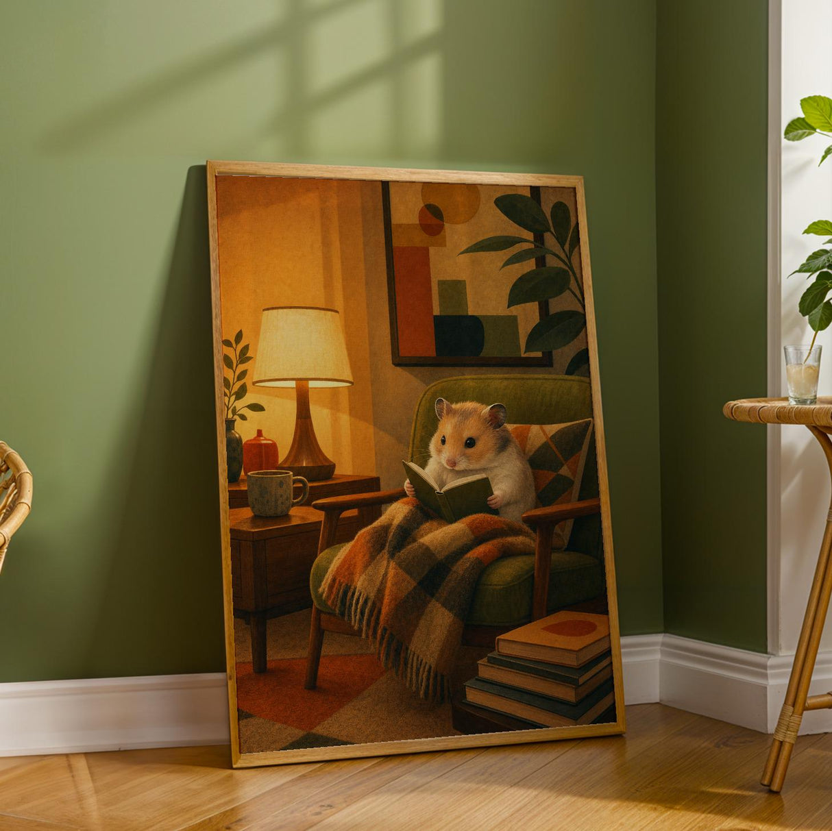 Chinese Hamster Reading in Armchair Poster | Retro Modern Hamster Wall Art | Orange Olive Green Decor | Cozy Mid Century Living Room Print