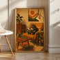 Hamster Reading in Armchair Poster | Retro Painterly Hamster Wall Art | Walnut Brown Burnt Orange Decor | Cozy Mid Century Living Room Print