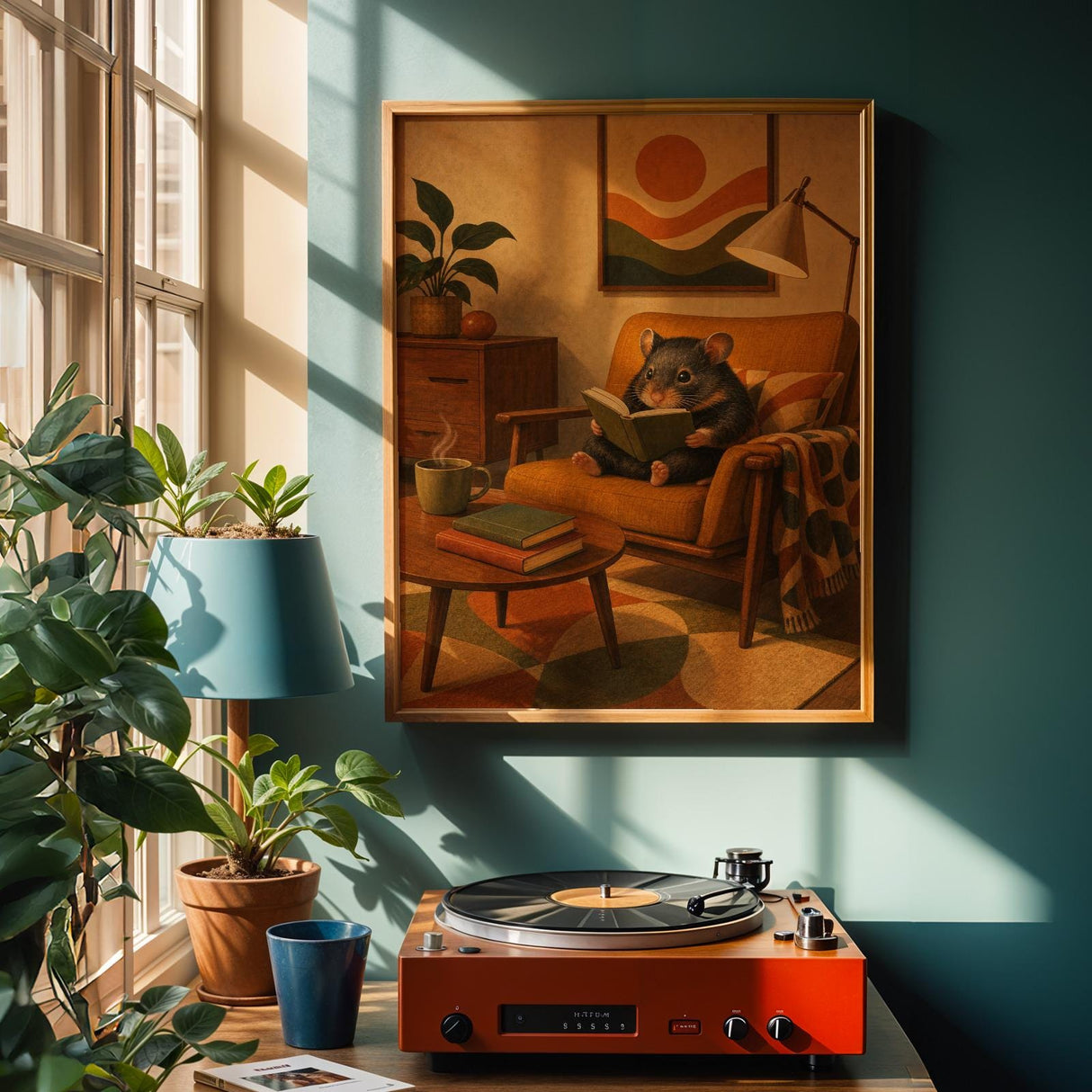 Hamster Reading in Armchair Poster | Retro Painterly Hamster Wall Art | Walnut Brown Burnt Orange Decor | Cozy Mid Century Living Room Print