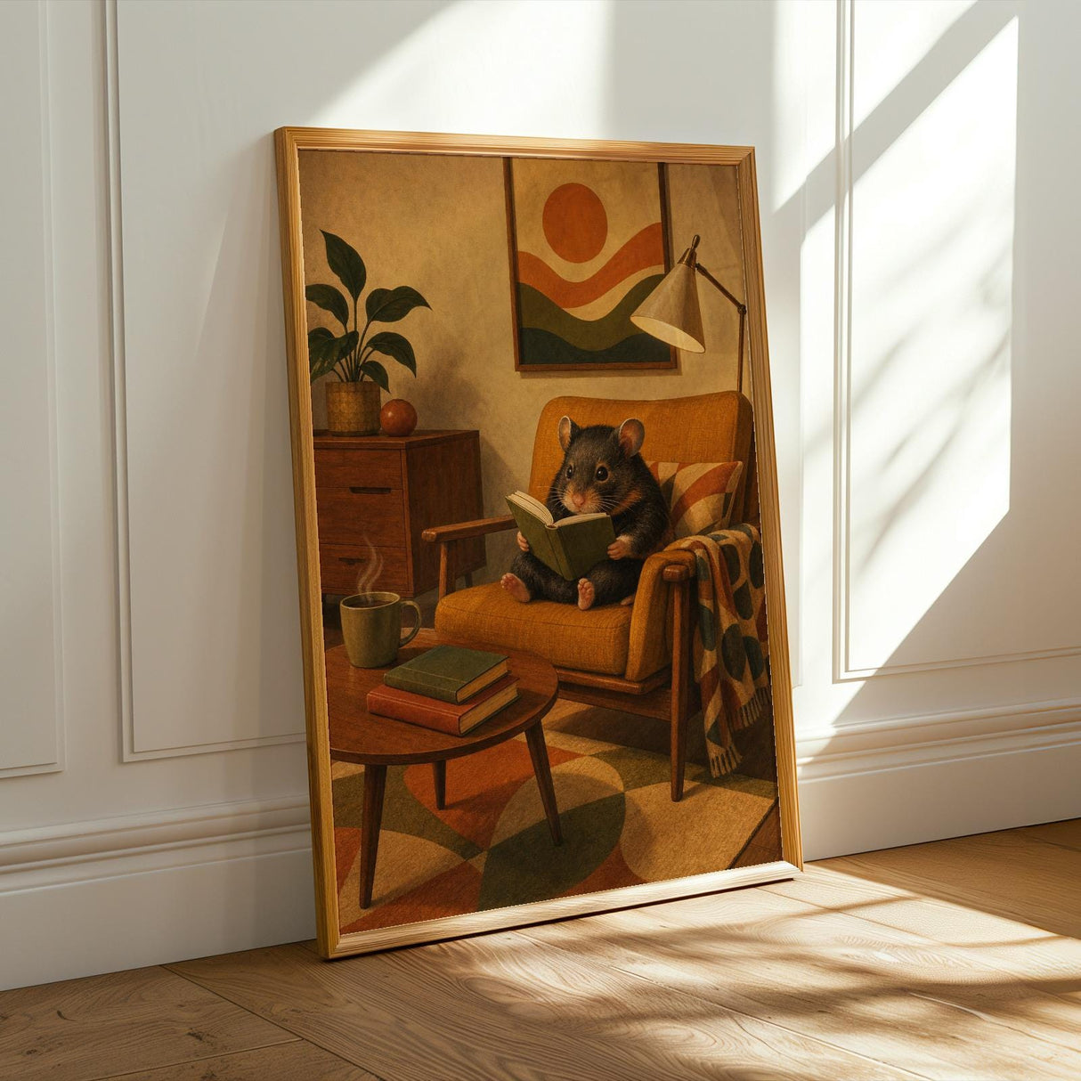 Hamster Reading in Armchair Poster | Retro Painterly Hamster Wall Art | Walnut Brown Burnt Orange Decor | Cozy Mid Century Living Room Print