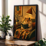 Long Haired Syrian Hamster Reading in Armchair Poster | Retro Painterly Hamster Wall Art | Orange Decor | Cozy Mid Century Bedroom Print