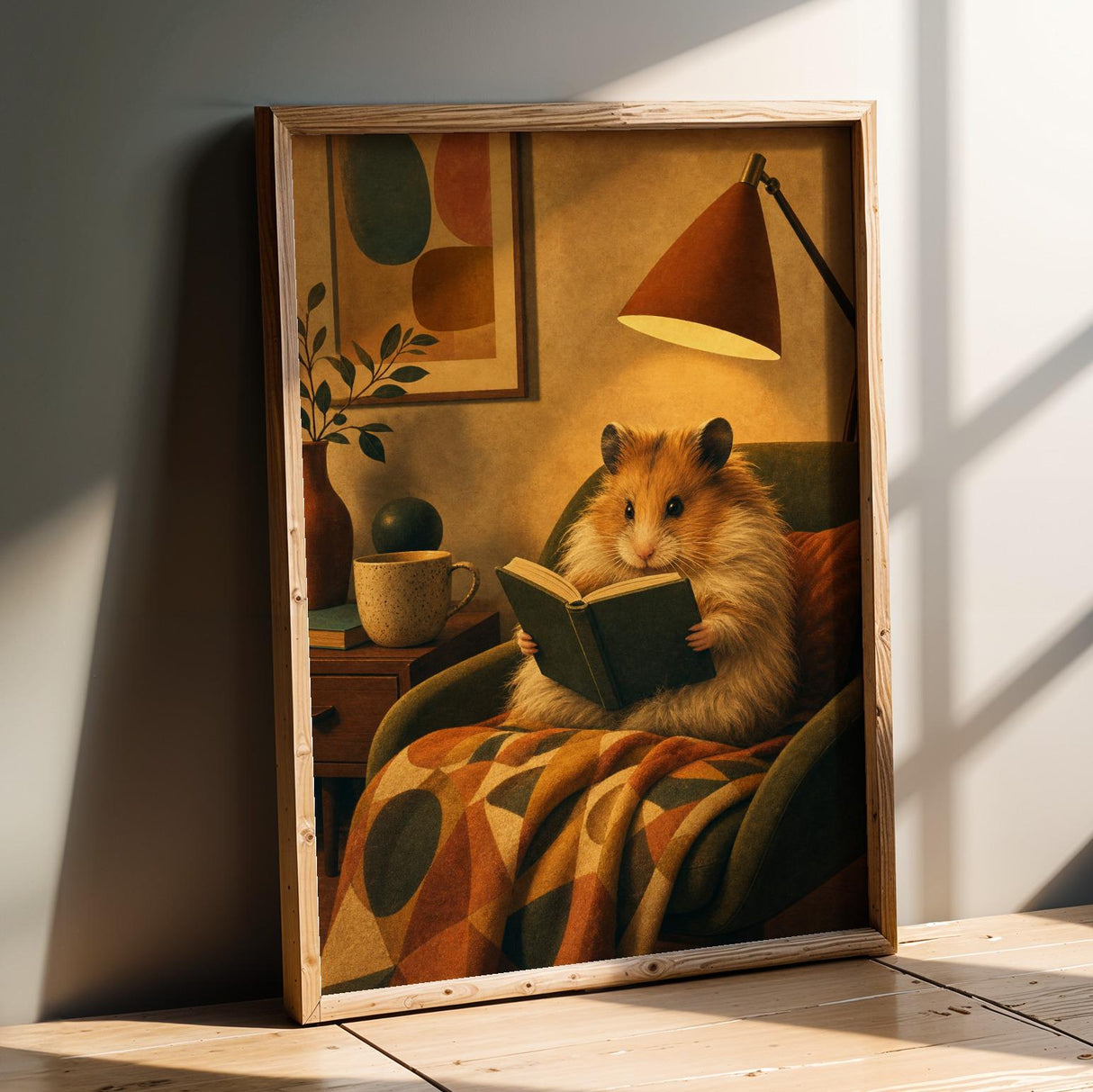 Long Haired Syrian Hamster Reading in Armchair Poster | Retro Painterly Hamster Wall Art | Orange Decor | Cozy Mid Century Bedroom Print