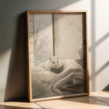 Winter White Hamster Reading in Bed Poster | Japanese Zen Sumi-e Hamster Wall Art | Warm Ivory Gray Decor | Minimalist Kyoto Bedroom Print